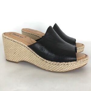 Born Espadrille Slide Sandal Black Leather Women’s Size 8 Wedges